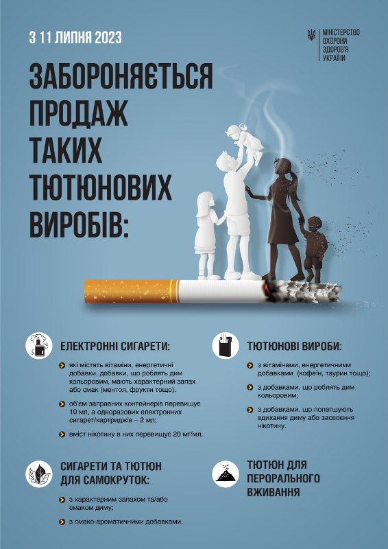 Відсьогодні забороняється реклама тютюнових виробів та продаж е-сигарет і рідин до них