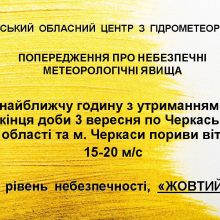 Черкаський обласний центр з гідрометеорології попереджає про небезпечні метеорологічні явища по Черкаській області