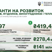 419,4 млн грн грантової підтримки отримали цьогоріч аграрії на розвиток садів і теплиць