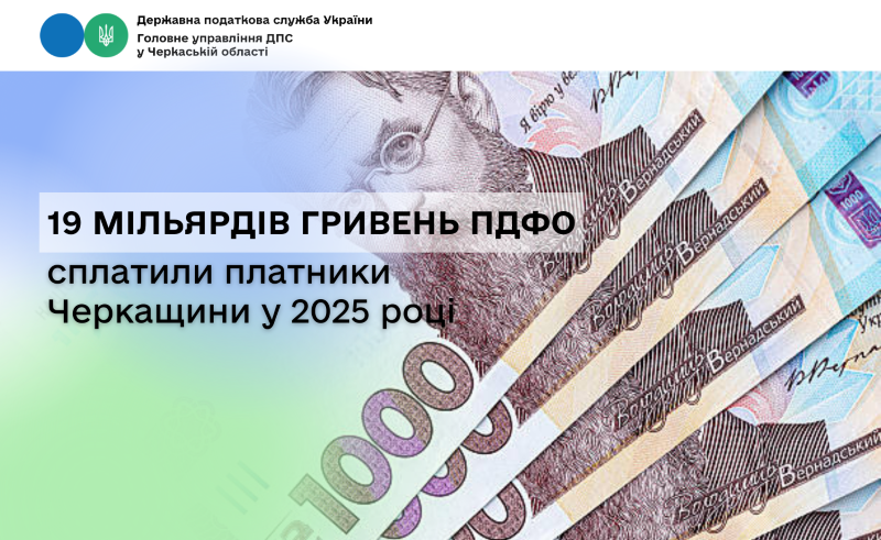 Понад 19 млрд грн ПДФО сплатили платники Черкащини у 2025 році